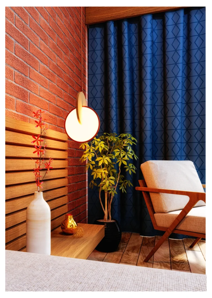 Interior detail in exposed brick and timber slats by SMA Architect