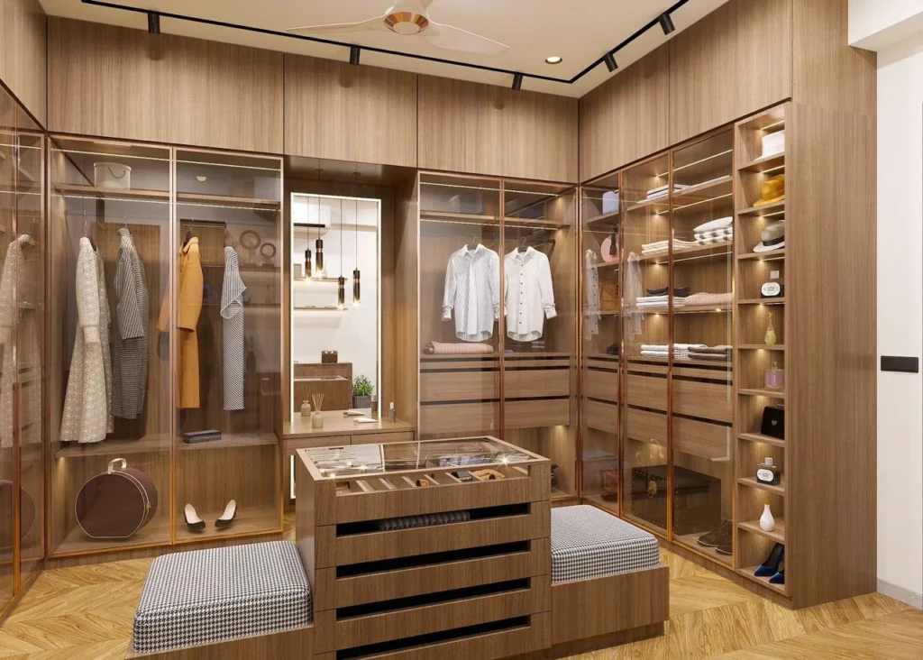 Walk in wardrobe interior in oak and bronze by SMA Architect