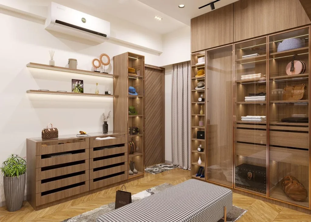 Walk in wardrobe interior in oak and bronze by SMA Architect