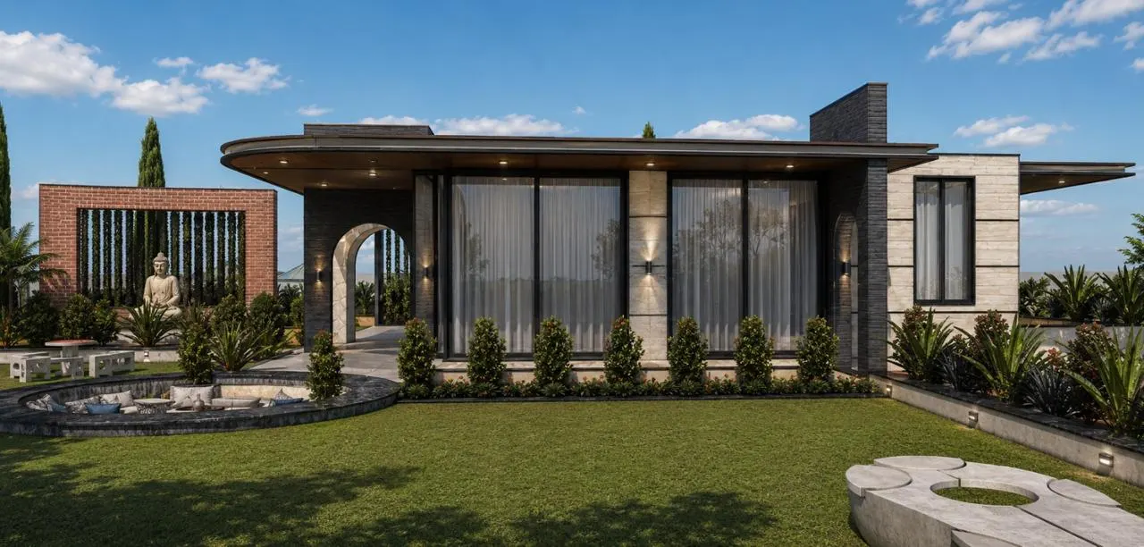Farmhouse elevation with sweeping curved roof in Rancharda by SMA Architect