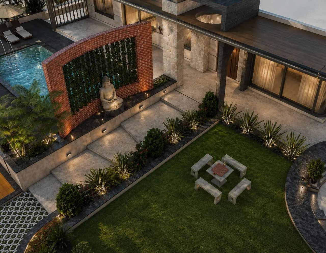 Aerial view of the central courtyard at dusk by SMA Architect