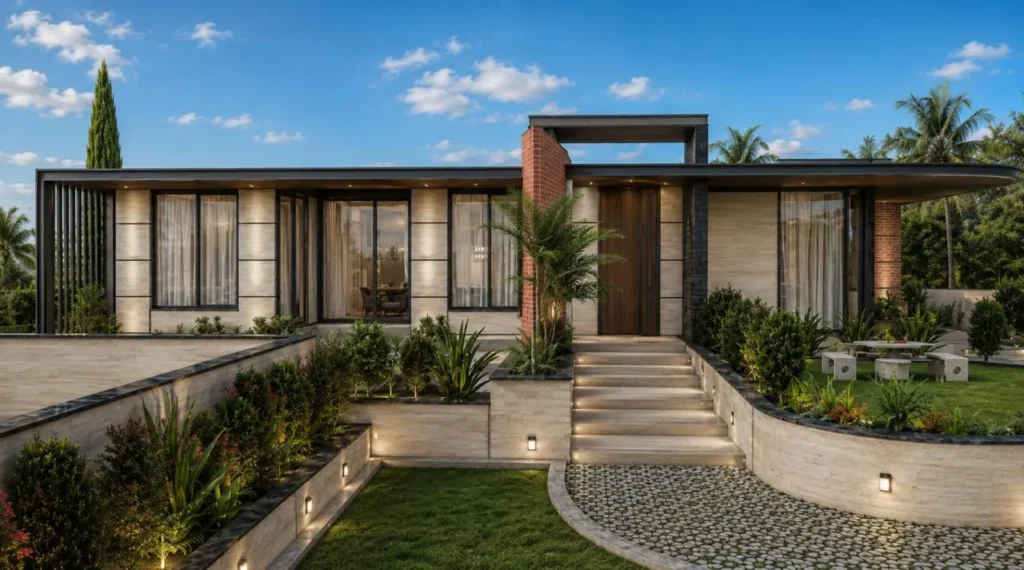 Front elevation in travertine with warm lit interiors by SMA Architect