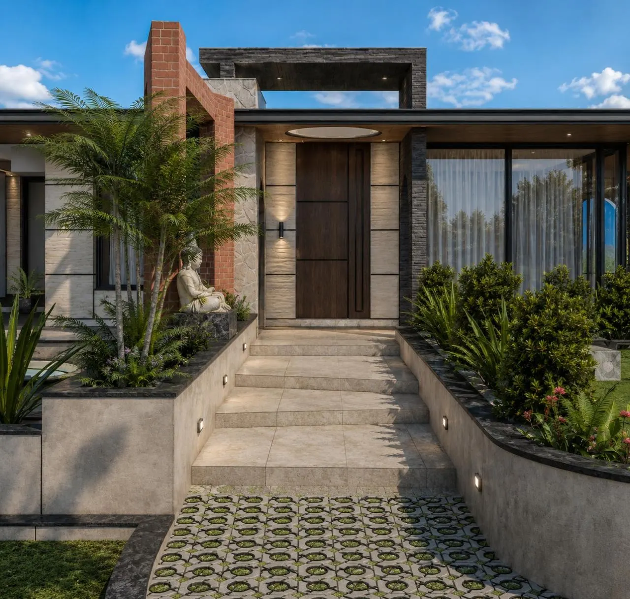 Farmhouse entrance with timber pivot door and stone piers by SMA Architect