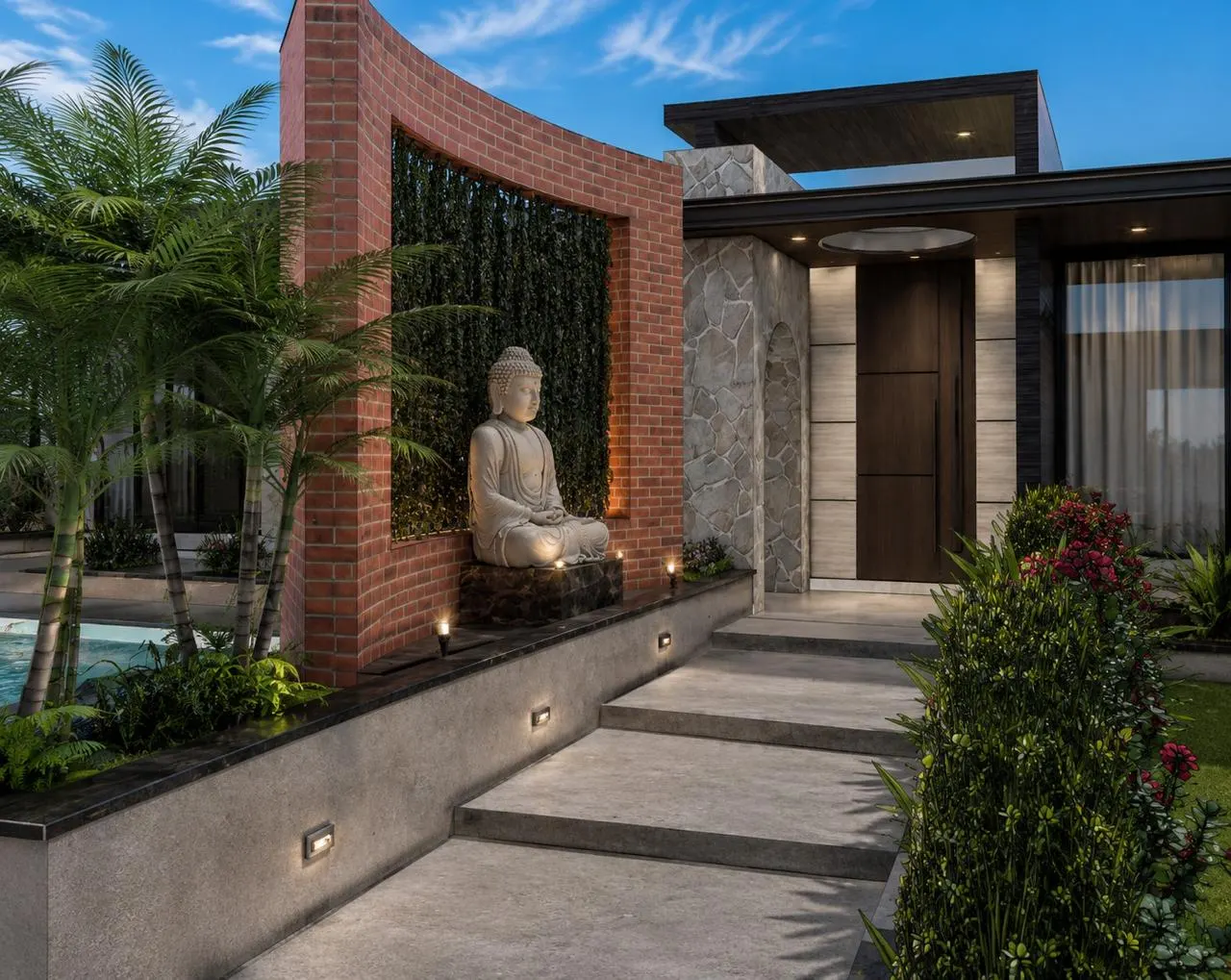 Entrance at dusk with lit brick screen and Buddha by SMA Architect