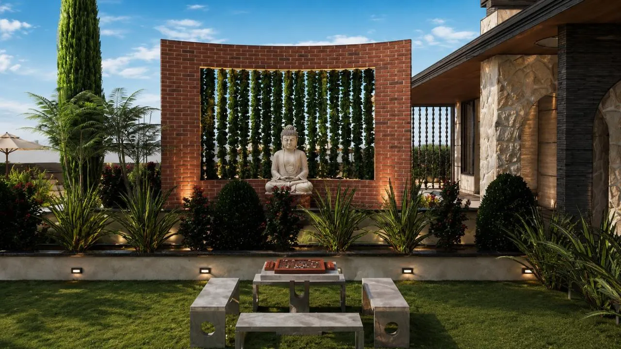 Curved brick screen with creeper curtain and seated Buddha by SMA Architect