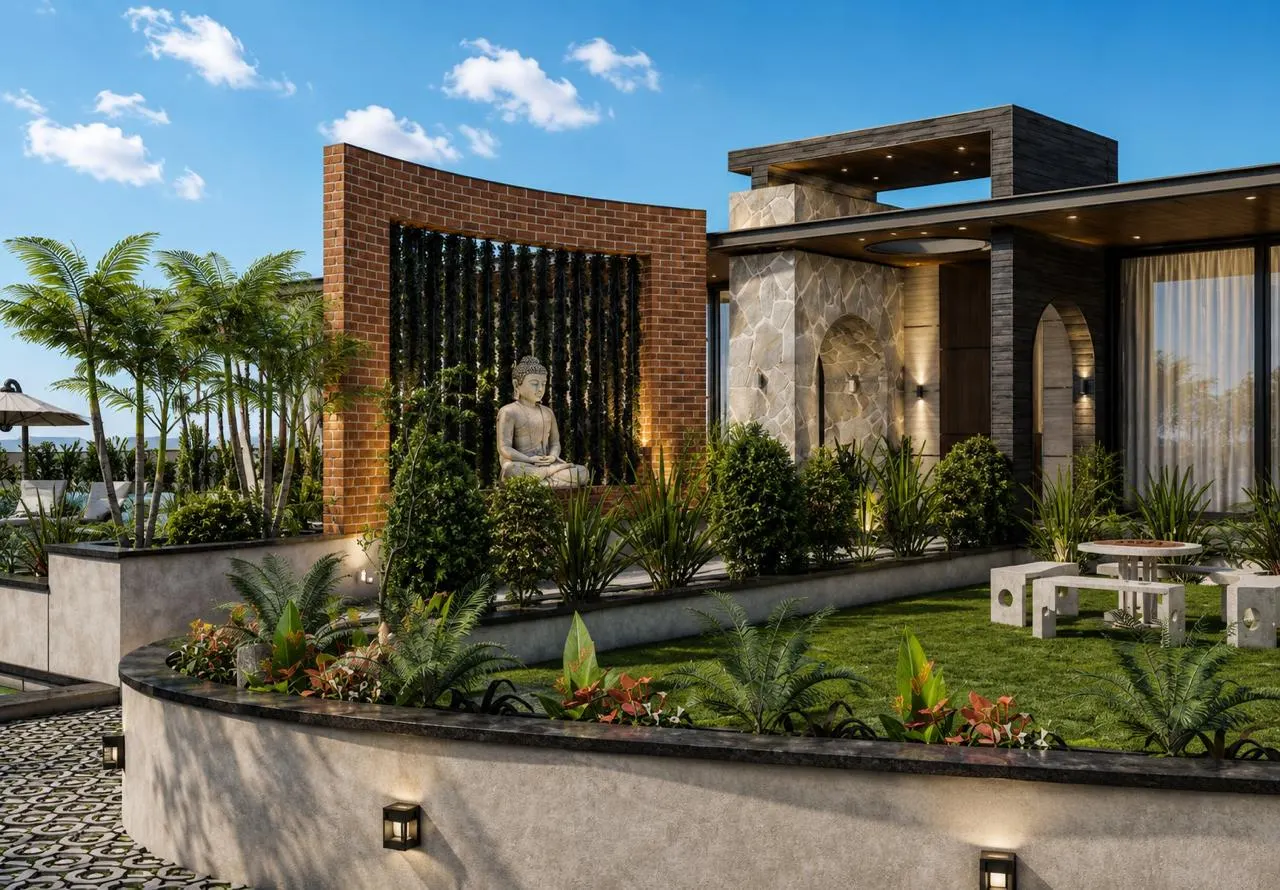 Landscaped courtyard garden with lawn seating by SMA Architect