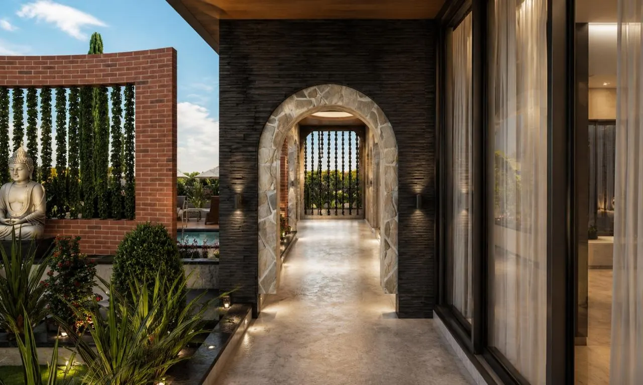 Arched stone verandah linking the courtyard to the pool by SMA Architect