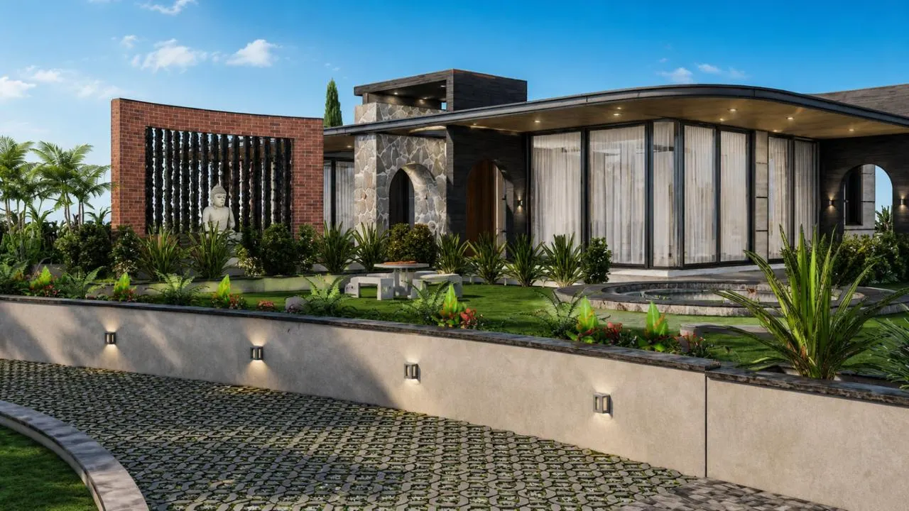 Courtyard and pool with curved roof beyond by SMA Architect