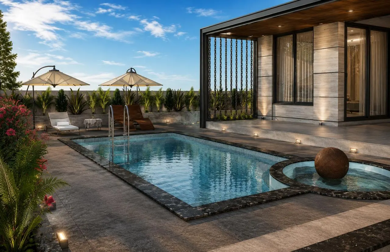 Pool terrace with loungers and water feature by SMA Architect