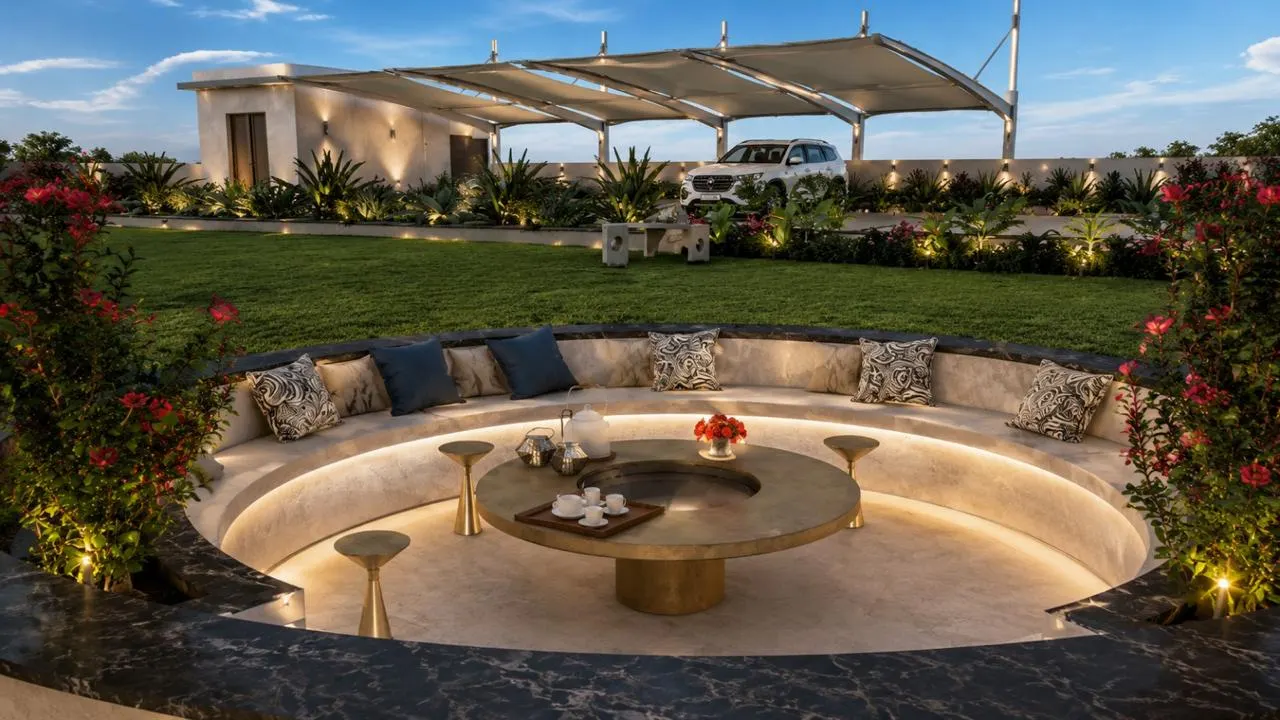 Sunken circular seating lounge with cove lighting by SMA Architect