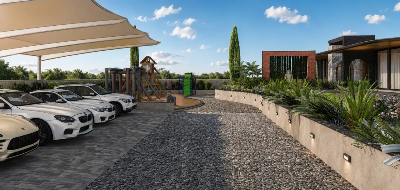 Arrival court with shaded parking and play area by SMA Architect