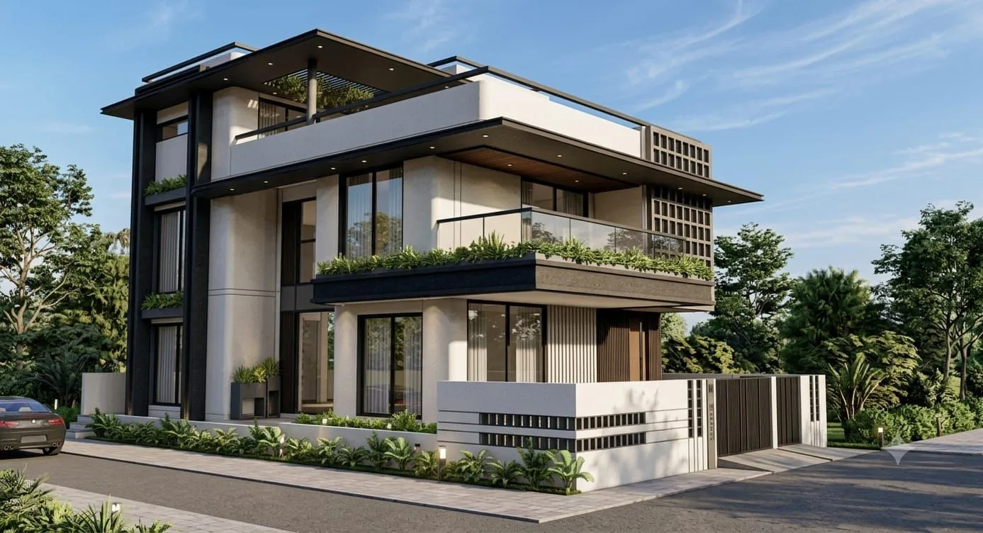Three level residence on a corner plot near Science City, Ahmedabad by SMA Architect
