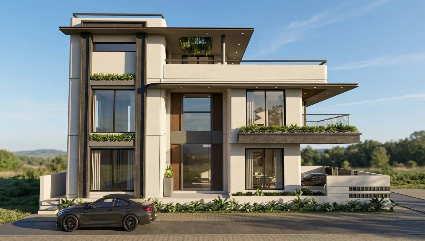 Front elevation with a double height entrance and planted balconies by SMA Architect