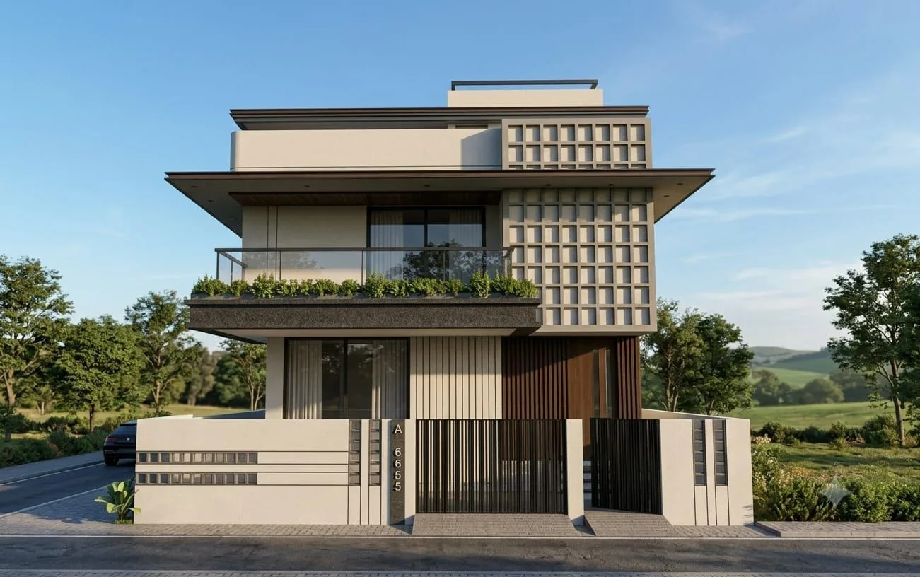 Street elevation with a square grid jaali screen and timber slat gate by SMA Architect