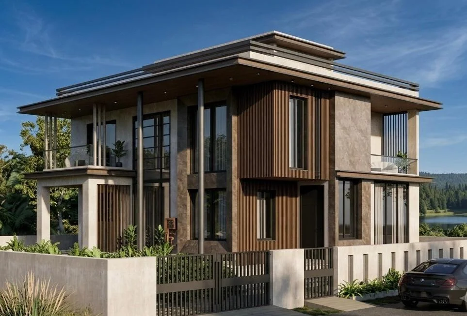 Corner view showing cantilevered roof planes and timber slat screens by SMA Architect