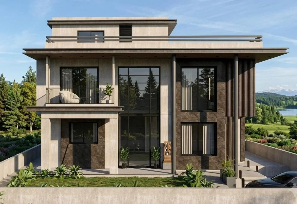 Side elevation with cantilevered balcony and stone cladding by SMA Architect