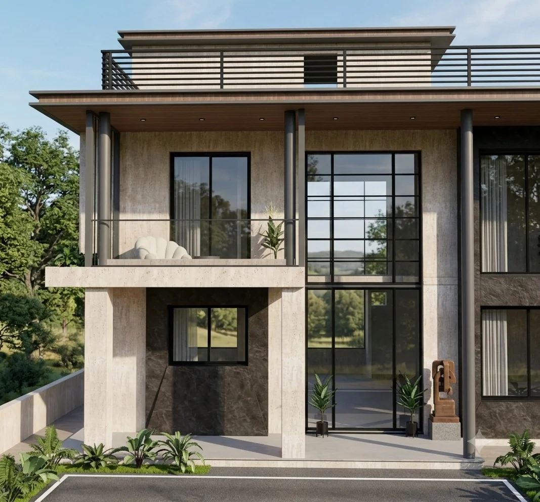 Entrance detail in textured stone, coffee marble and black framed glazing by SMA Architect