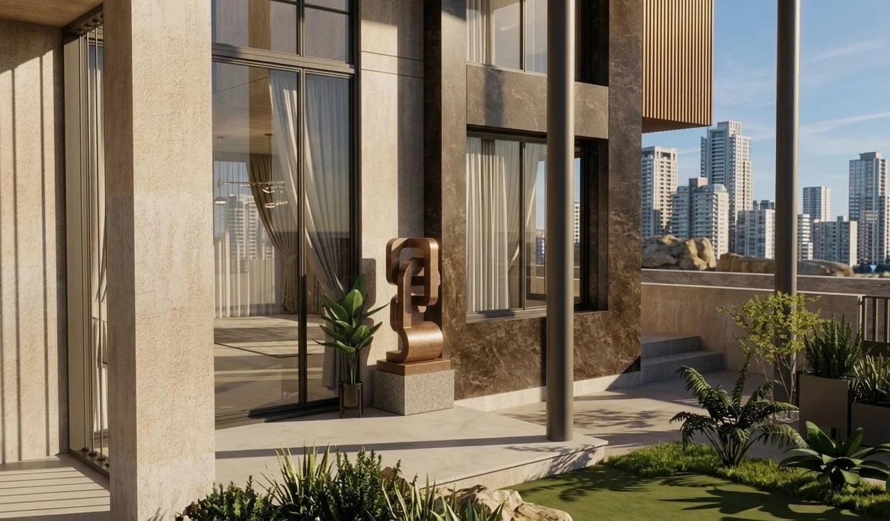 Terrace detail with bronze sculpture and landscaped planting by SMA Architect