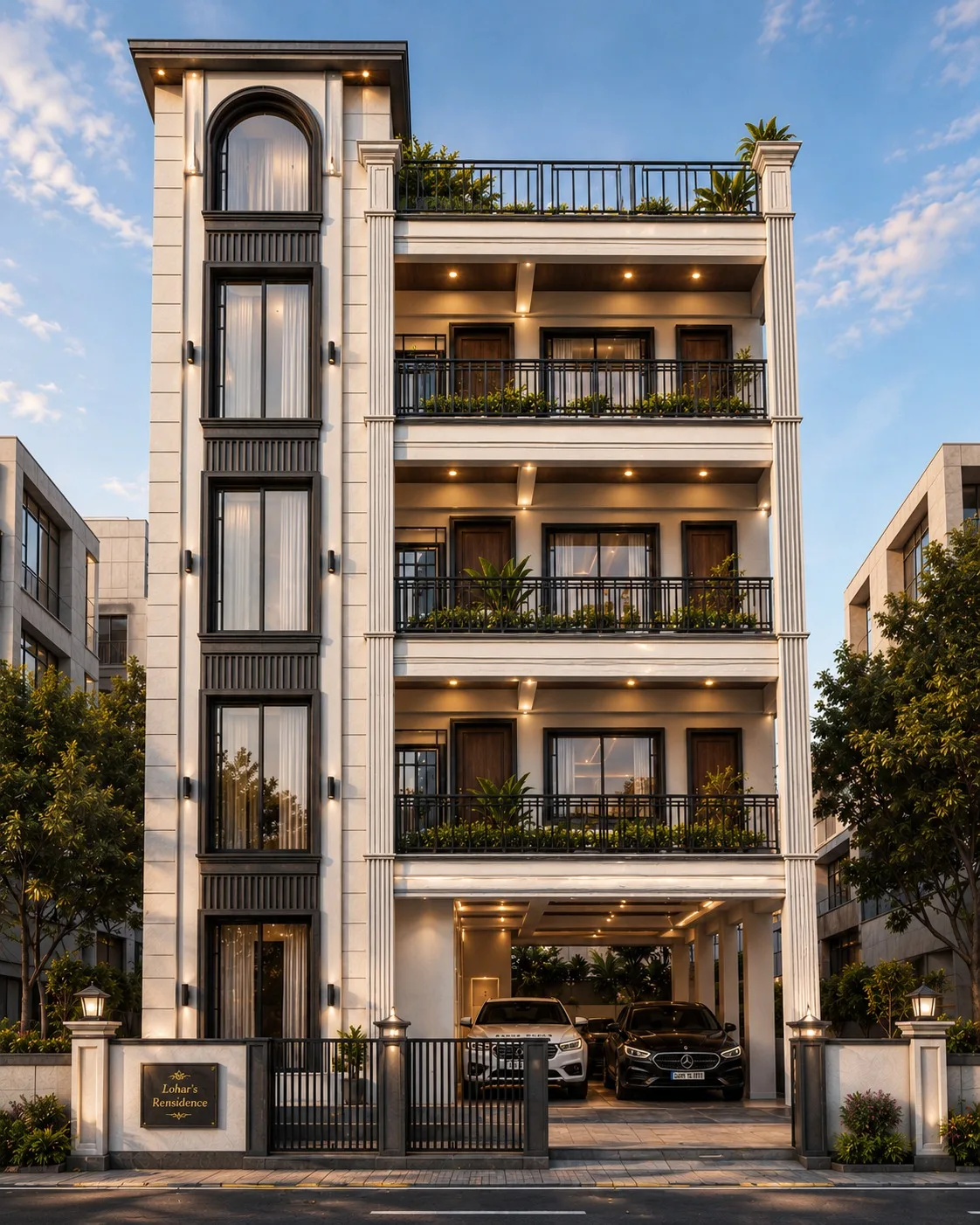 Four level residence facade at dusk in Bhuvana, Udaipur by SMA Architect