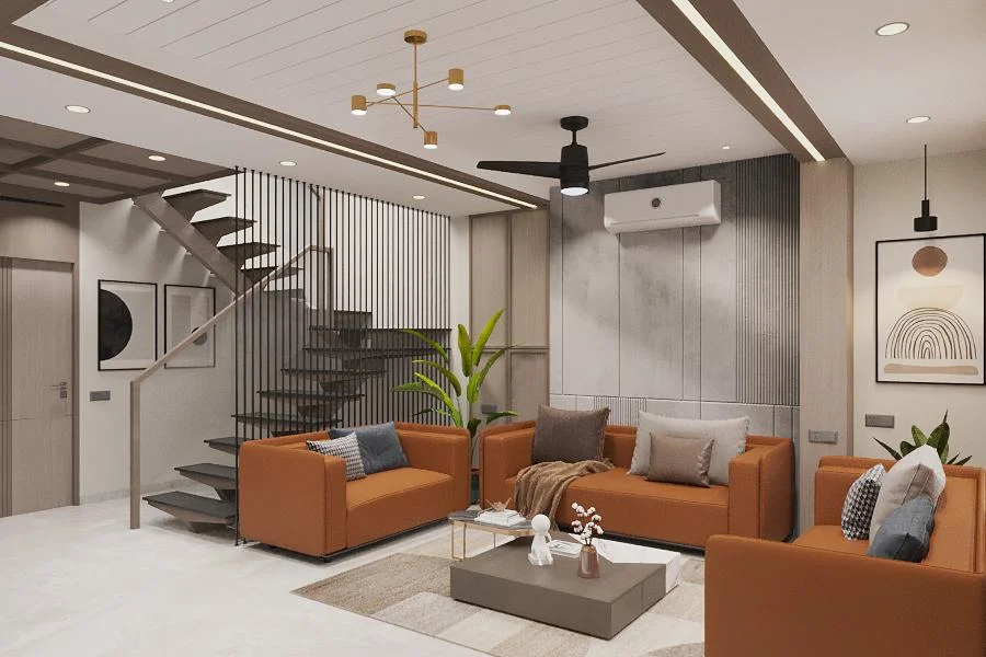 Living room with floating staircase in a South Bopal residence by SMA Architect