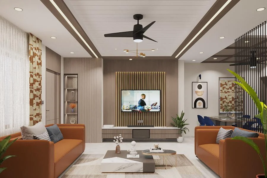Living room television wall in slatted timber with brass reveals by SMA Architect
