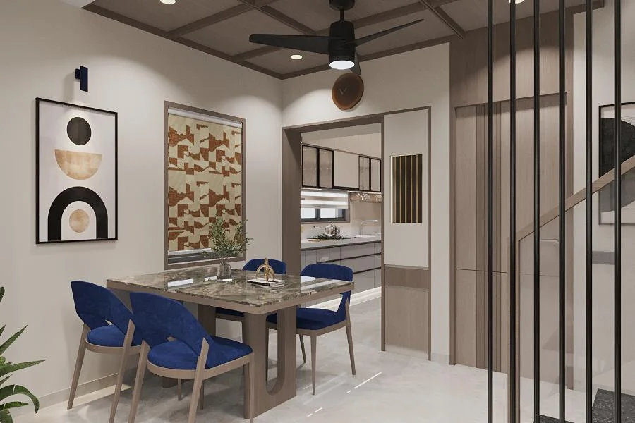Dining area with marble table and blue velvet chairs by SMA Architect