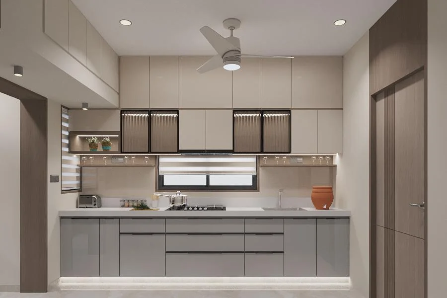 Modular kitchen in grey and cream with fluted glass shutters by SMA Architect