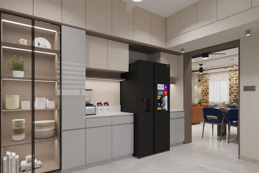 Kitchen crockery unit with backlit glass shelving by SMA Architect