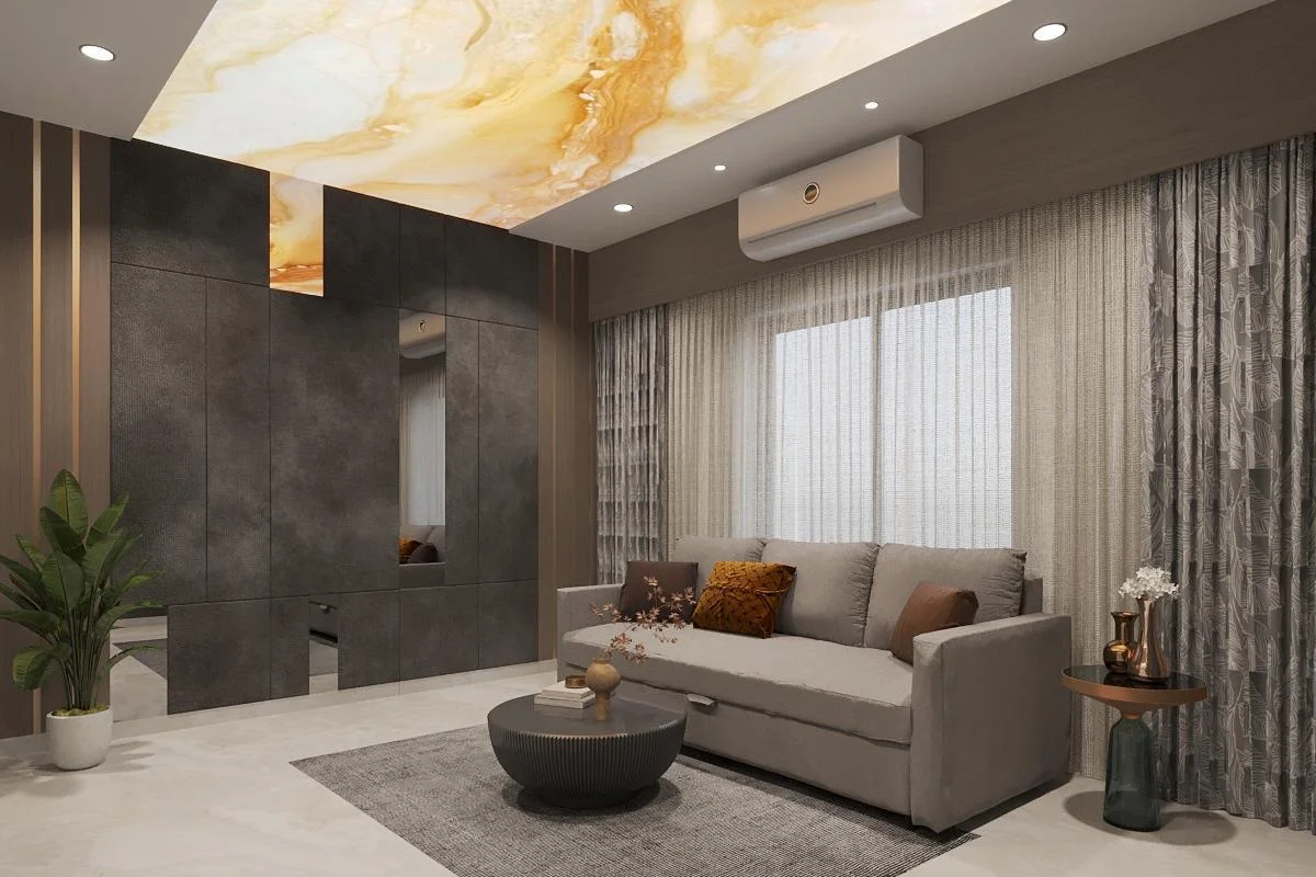 Lounge with backlit onyx ceiling panel and textured wall by SMA Architect