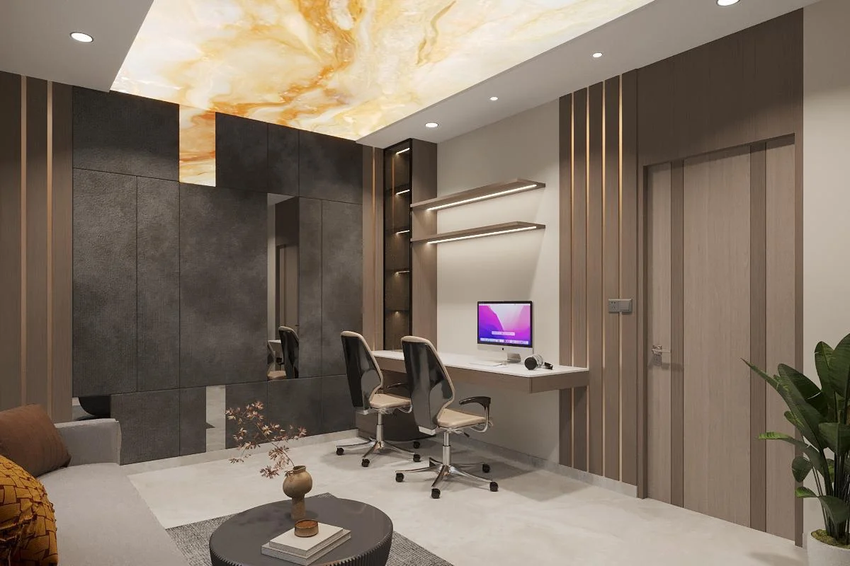 Home study with floating desk and lit display shelves by SMA Architect