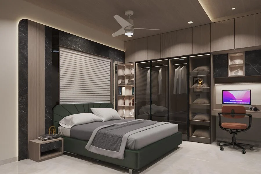 Master bedroom with black marble wall and walk in wardrobe by SMA Architect