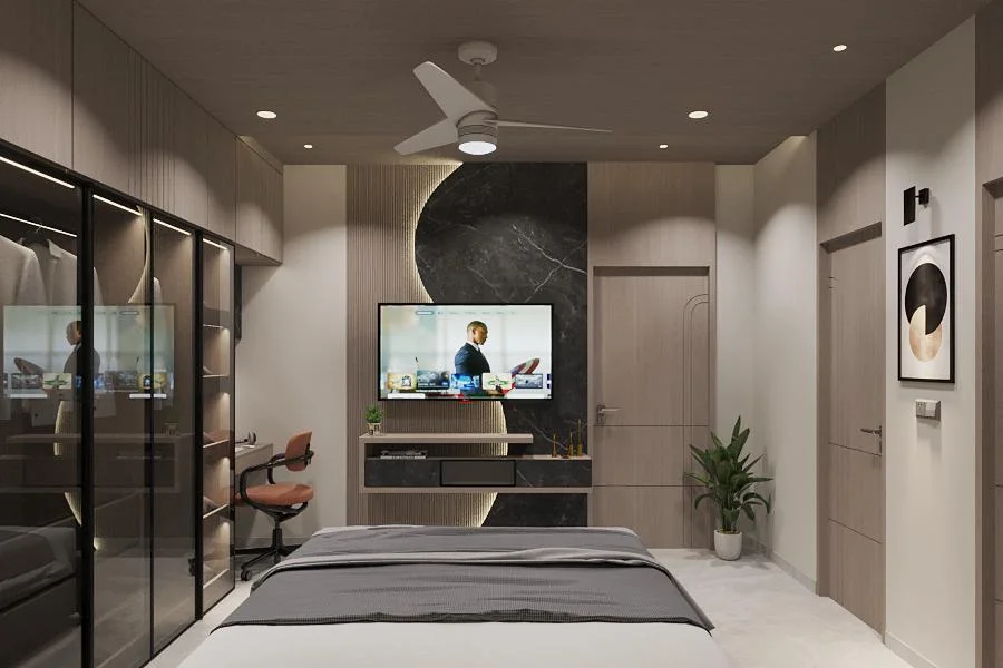 Master bedroom television wall in marble and fluted timber by SMA Architect