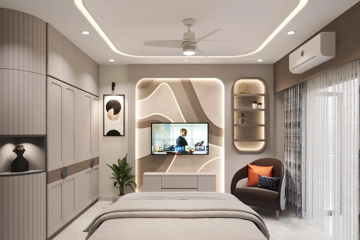 Bedroom with backlit curved wall panelling by SMA Architect