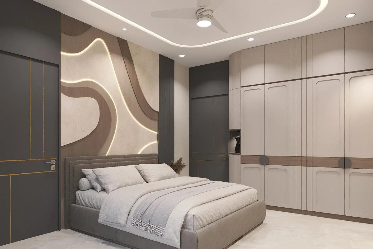 Bedroom with curved panelling and fluted wardrobe by SMA Architect