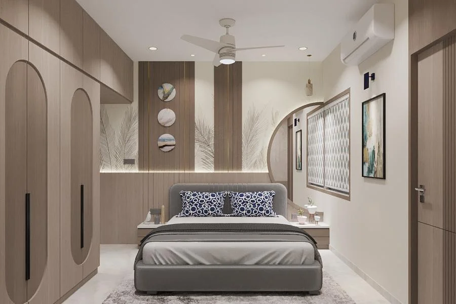 Bedroom in oak with arched wardrobe doors by SMA Architect