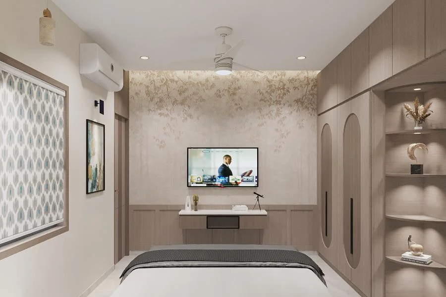 Bedroom television wall with botanical wallpaper by SMA Architect