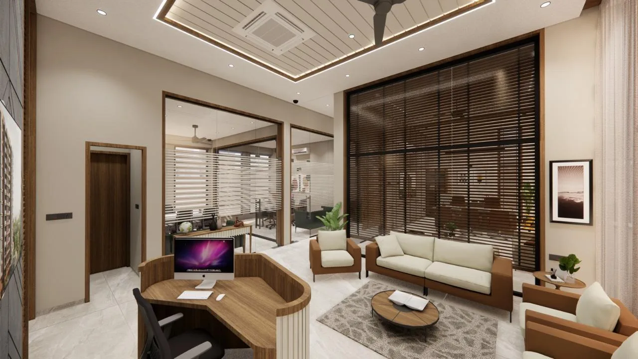 Reception with curved fluted counter and double height walnut louvre wall by SMA Architect