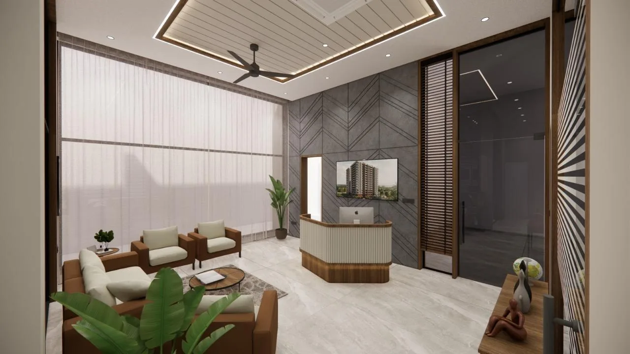 Waiting lounge with sheer curtains and tan leather seating by SMA Architect