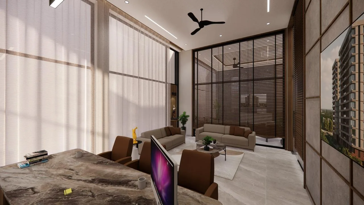 Double height director cabin with marble desk and lounge by SMA Architect