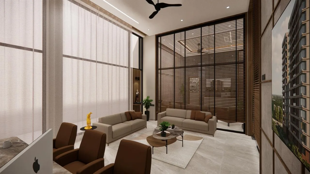 Director cabin lounge seating beside a louvre screen wall by SMA Architect
