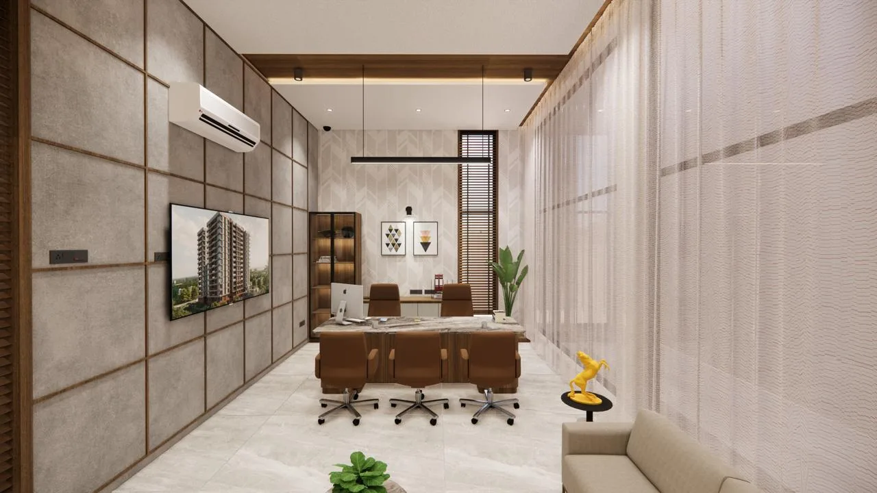 Executive cabin with marble topped desk and panelled wall by SMA Architect