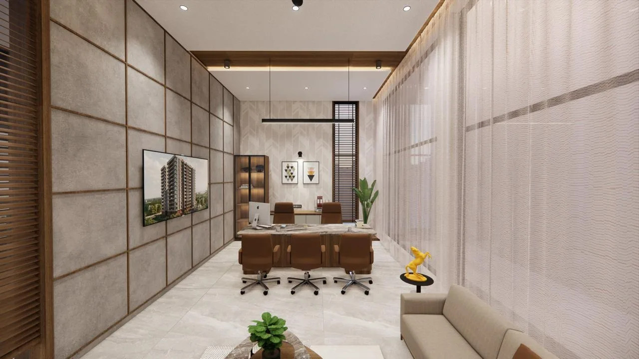 Executive cabin with display cabinet and chevron feature wall by SMA Architect