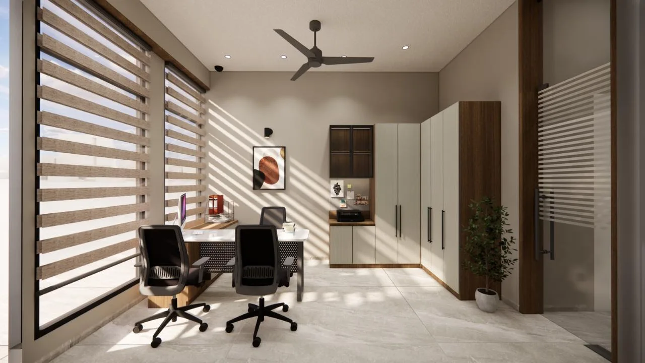 Back office with workstations and tall storage units by SMA Architect
