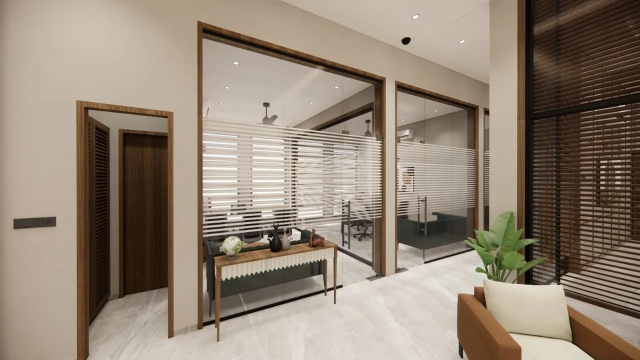Corridor lined with walnut framed glass cabins by SMA Architect