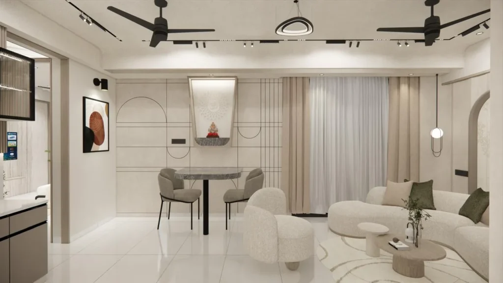 Open living and dining with a backlit pooja niche in a Shilaj sample home by SMA Architect
