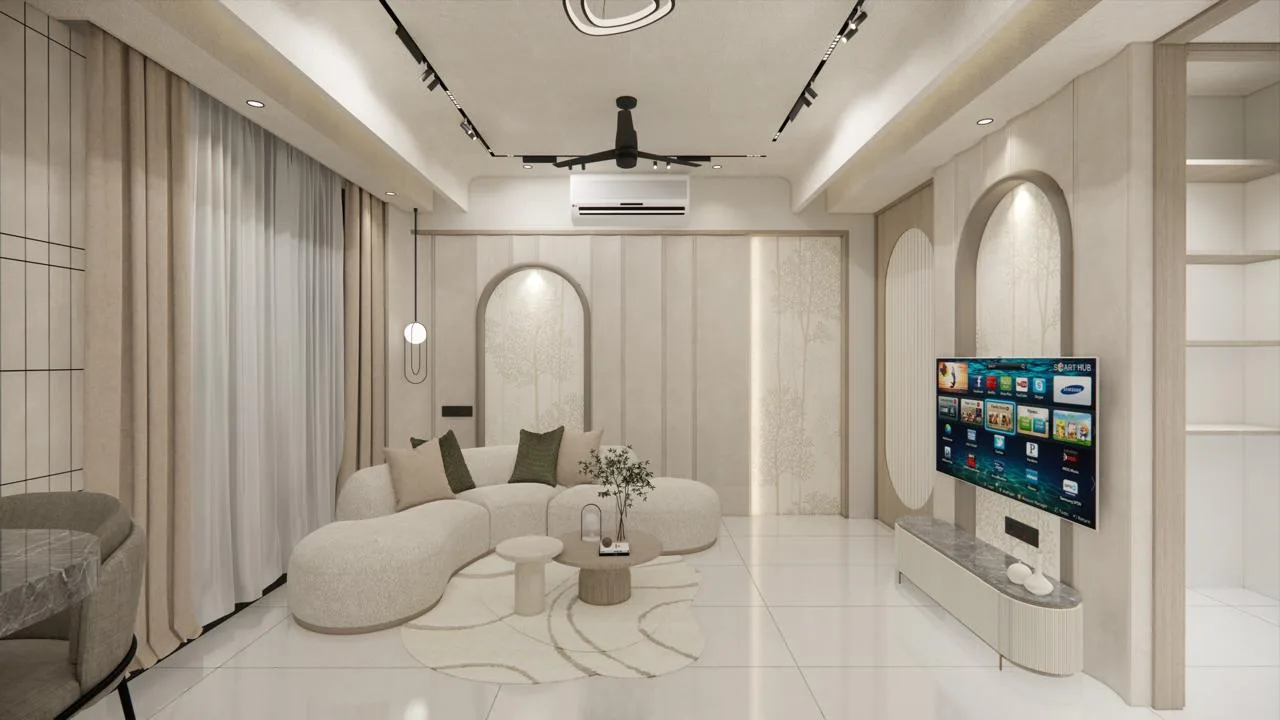 Living room with curved boucle sofa and arched wall niches by SMA Architect