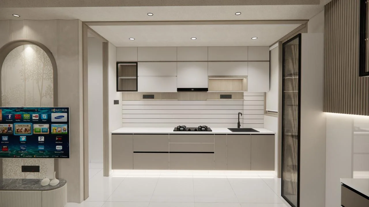 Modular kitchen with taupe base units and ribbed backsplash by SMA Architect