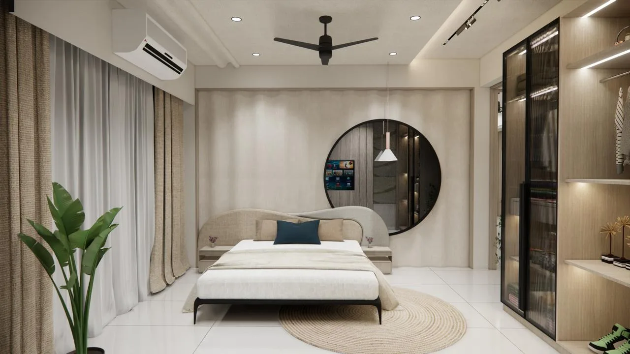 Master bedroom with curved headboard and circular mirror by SMA Architect