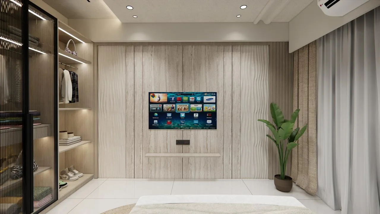 Master bedroom television wall in textured stone panelling by SMA Architect