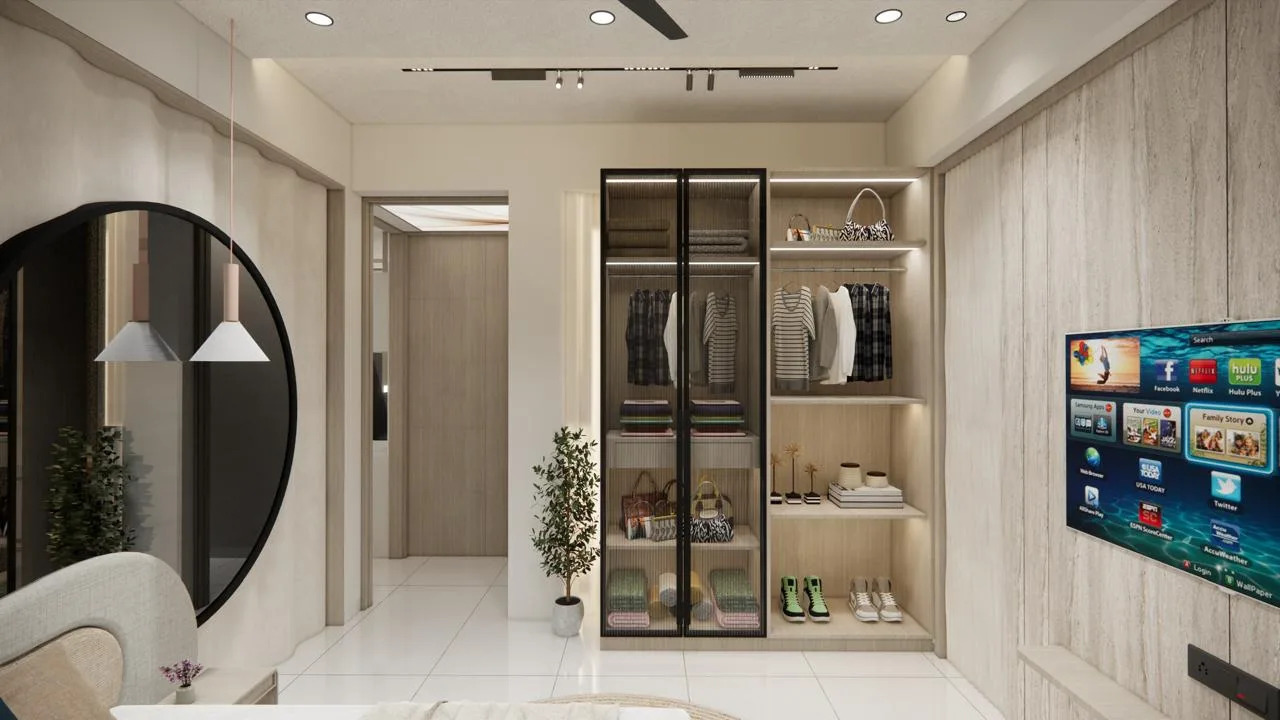 Master bedroom wardrobe with lit display shelving by SMA Architect